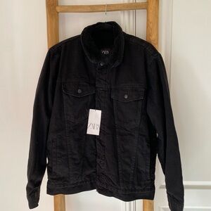 Zara Black Denim Jacket Men’s XL Faux Sherpa-Lined Button Up Trucker Winter NWT
